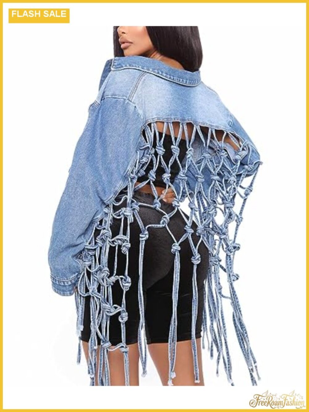 Women's Cropped Fringe Denim Jacket Hollow Out Tassel Distressed Button Down